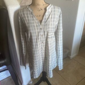 Light Plaid Button Henley Tunic Top - Neutral Stripes